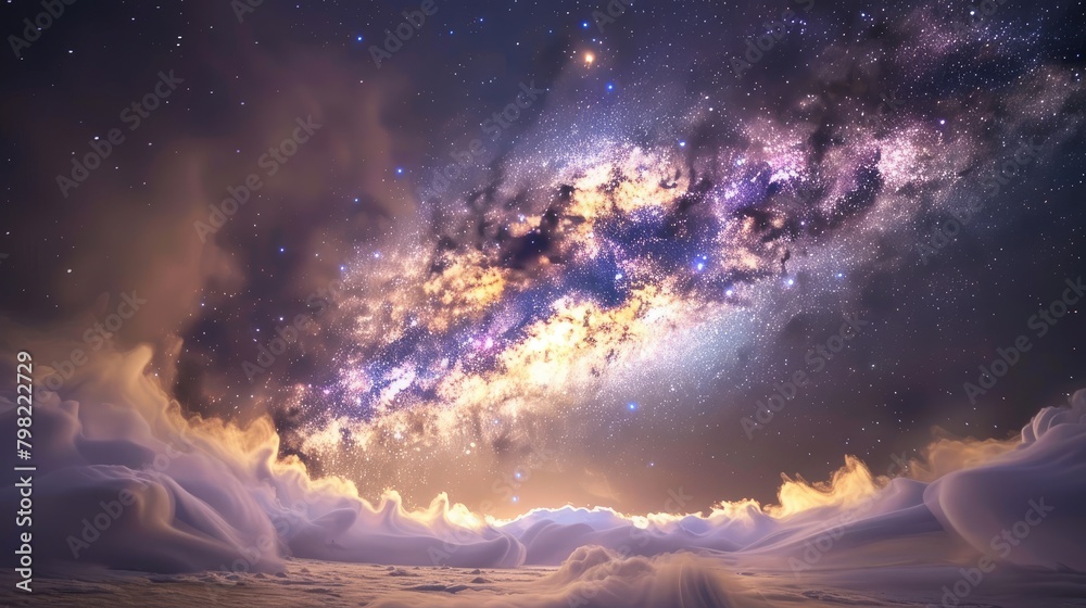 The Milky Way as seen from a planet with thick, swirling clouds, breaks in the cloud revealing the galaxy like a celestial tapestry behind them The Milky Way as seen from a planet with thick, swirling clouds, breaks in the cloud revealing the galaxy like a celestial tapestry behind them