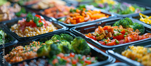 Neatly arranged lunch boxes filled with a variety of healthy, colorful meals, showcasing a catering service’s focus on balanced diets. The background is softly blurred, emphasizing photo