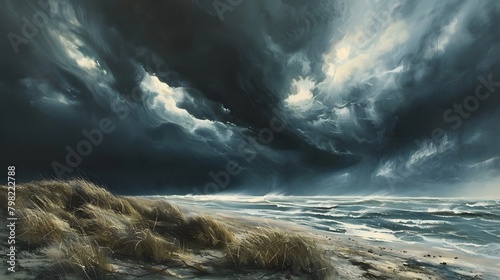 A dramatic storm rolling in over a windswept coastal plain  with dark clouds swirling overhead and waves crashing against the shore.