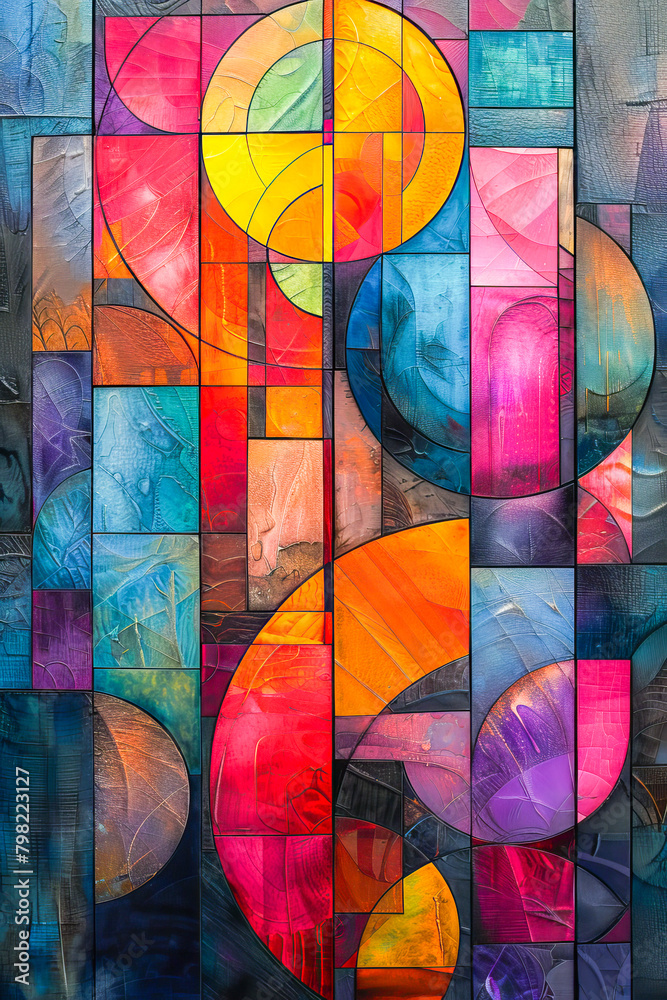 Fototapeta premium Abstract art showcasing a vibrant interplay of overlapping rectangles and circles with complex patterns