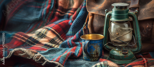 A macro  of vintage camping gear from the 60s or 70s  such as an old-style metal camping mug  a classic lantern  and a worn leather backpack. The items are arranged on a classi