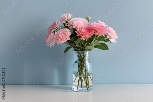 Cute Flower Arrangement in a Vase on Light Blue Background - Hand Edited Generative AI
