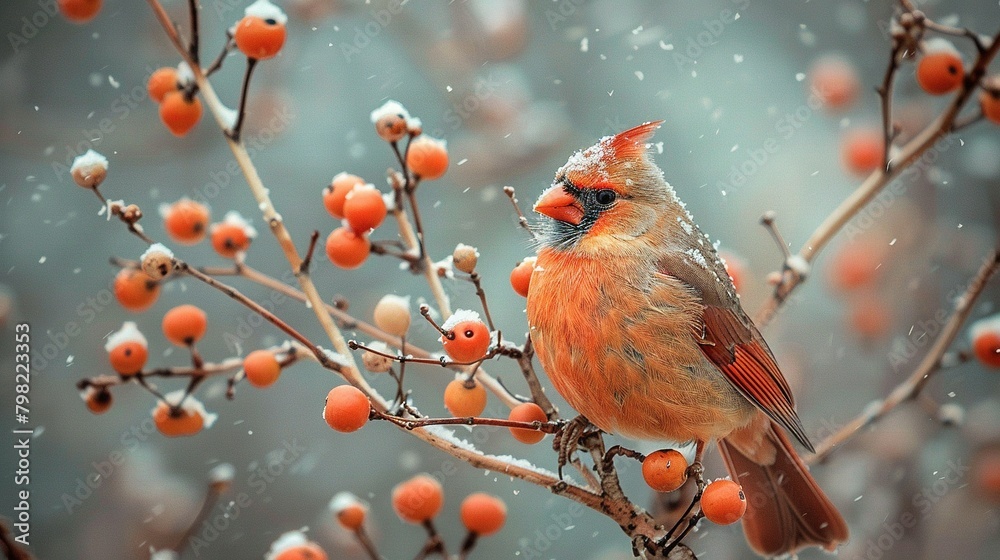 A bird perched on a tree branch, surrounded by berries in the fg, while snowflakes fell softly on the ground below A bird perched on a tree branch, surrounded by berries in the fg, while snowflakes fell softly on the ground below