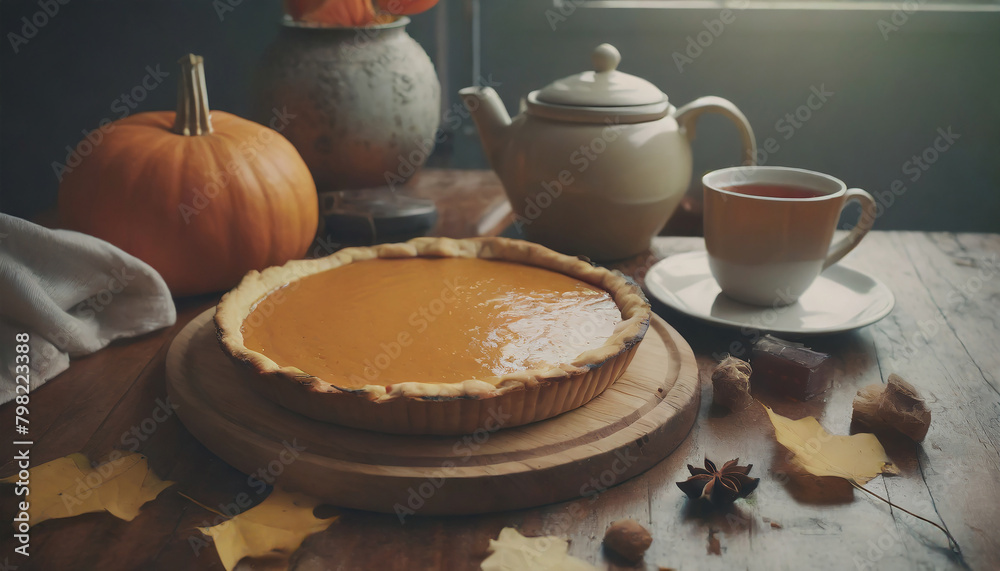 Pumpkin pie for Thanksgiving Day on dark rustic kitchen. Seasonal traditional autumn festive cake Pumpkin pie for Thanksgiving Day on dark rustic kitchen. Seasonal traditional autumn festive cake