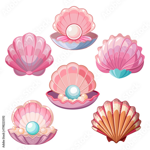 Set of pink pearl sea shell on white