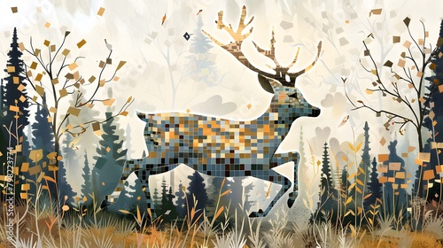 A graceful deer composed of intricate squares, bounding gracefully across a terrain of geometric meadows and forests.