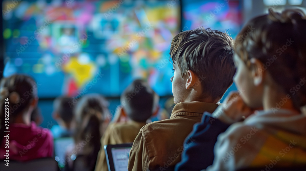 A scene depicting a teacher delivering a lecture via an online platform to students from various countries. Focus on the teacher's computer screen showing student reactions, with t