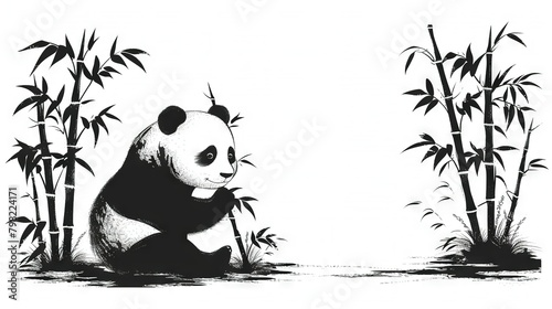   A monochrome depiction of a panda lounging beside a bamboo tree, its limbs immersed in the water below photo