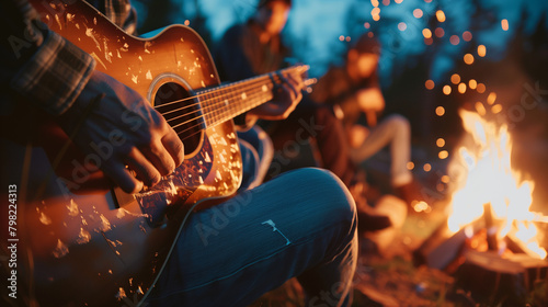 A musician strums a guitar by a campfire, the focus tight on their fingers and the strings. The rest of the group, engaged and singing along, is blurred into a backdrop of stars an