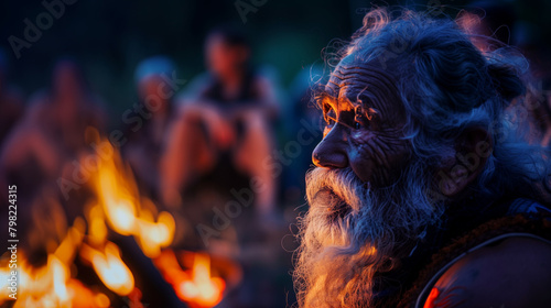 A close-up of an elder telling stories around a campfire, his face illuminated by the flames. The angle captures the rapt attention of listeners in the background, softly photo