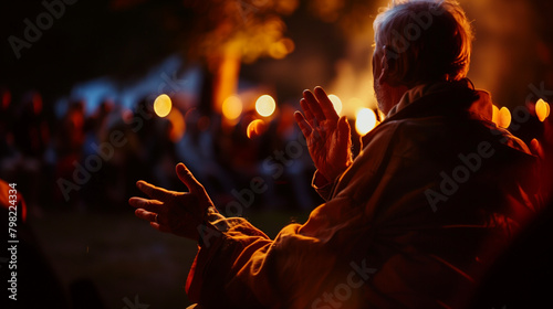 A storyteller gestures dramatically under the night sky as they weave a captivating tale. The lens focuses on the expressive face and hands, with the listening audience b photo