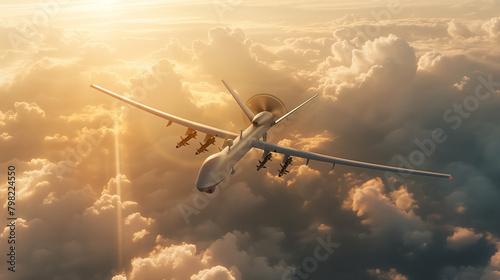 View of a reconnaissance combat drone flying high in the sky above the clouds