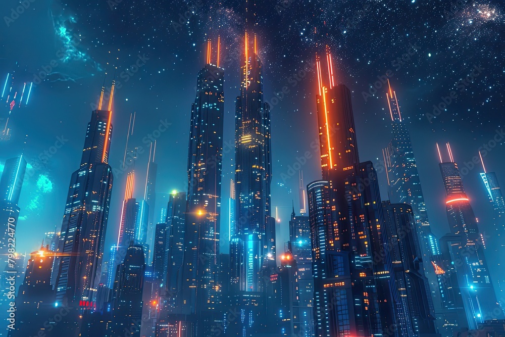 Futuristic metropolis aglow with neon lights against a starry night sky