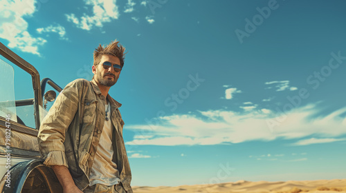A young man in the desert stands near an off-road car