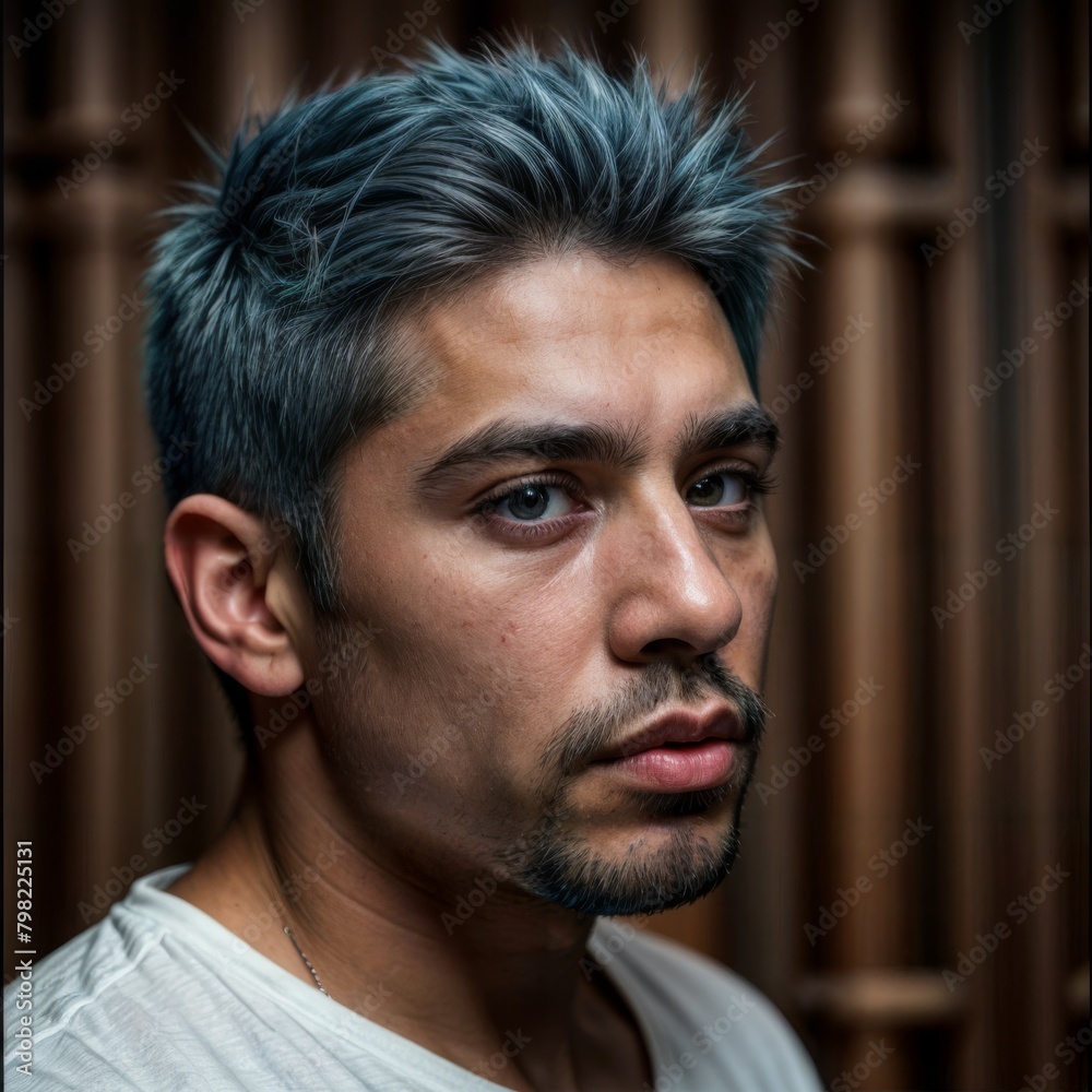 Fototapeta premium Man with blue hair and beard in white shirt, looking at camera