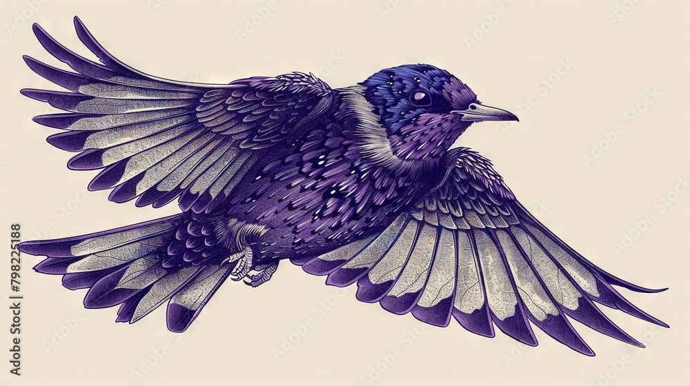 Naklejka premium A purple bird with spread-out wings against a white backdrop