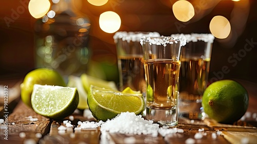 Tequila shots gleaming on a bar table accompanied by salt and lime embodying the essence of Mexico with its vibrant flavors and unmistakable charm photo