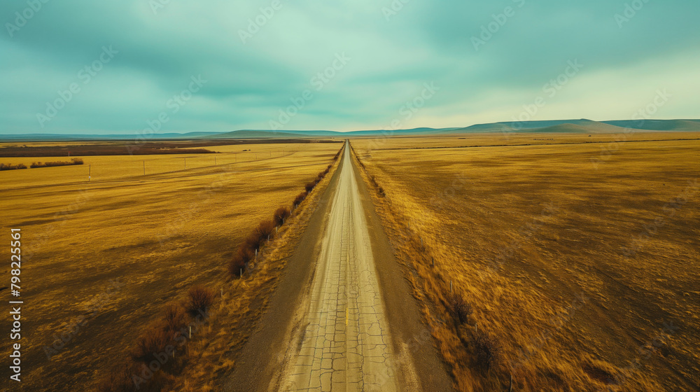 Aerial view of a long road that reaches the horizon
