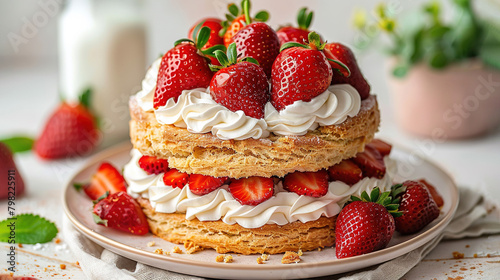  A close-up of a cake on a plate, with strawberries on top and a bottle of milk nearby