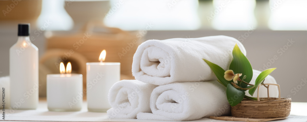 Beauty white towels, massage treatment and wellness concept Beauty white towels, massage treatment and wellness concept