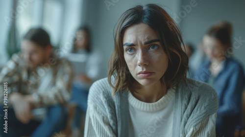 Depressed woman at support group meeting for mental health