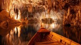 The photo shows a boat on an underground lake. The cave ceiling is full of stalactites and the walls are covered in stalagmites.

