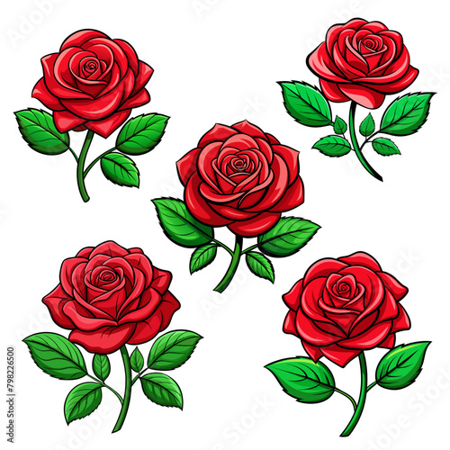 Set of red cartoon rose flower with green leaves on white