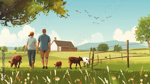 Rear view of farmer family walking by animals in paddock. Farm animals having ideal paddock for grazing. Concept of multigenerational and family farming  photo