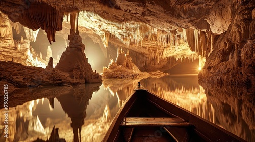 The photo shows a boat on an underground lake. The cave ceiling is full of stalactites and the walls are covered in stalagmites.