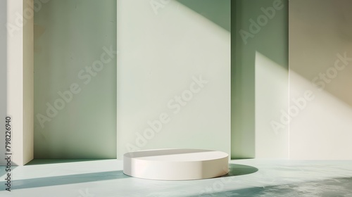 A minimalist podium stands in quiet solitude against a backdrop of soft pastel shades  inviting imagination to fill the empty space with possibility.