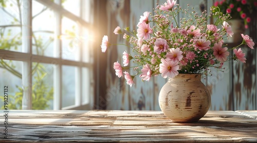 Pink Flowers on Wooden Table