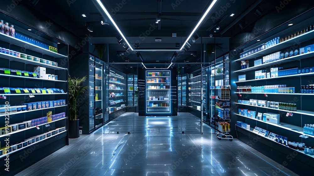 A modern retail store with smart shelves equipped with AI sensors, dynamically adjusting product displays based on customer preferences and inventory levels.