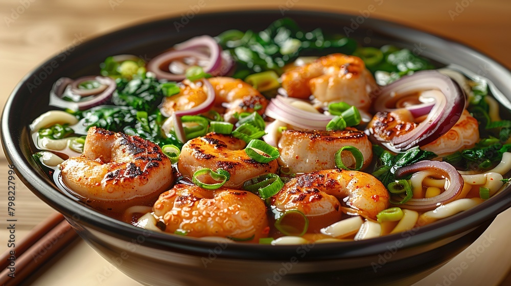    a bowl containing broccoli, shrimp, onions, onion, and noodles