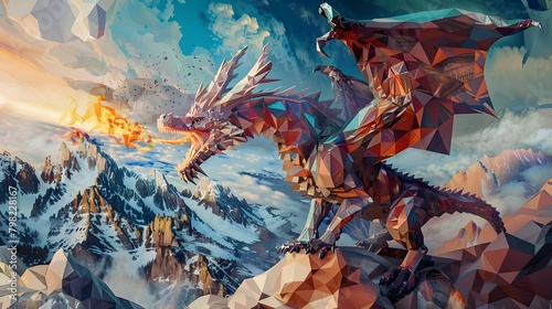 A mystical dragon crafted from intricate polygons, breathing fire amidst a landscape of geometric mountains and valleys.