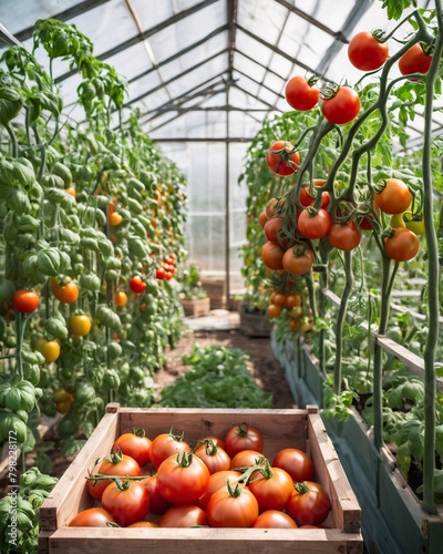 A wooden box with ripe tomatoes outside in the garden. Freshly picked tomatoes in the greenhouse. Local organic product production. Wooden box with harvest vegetables.