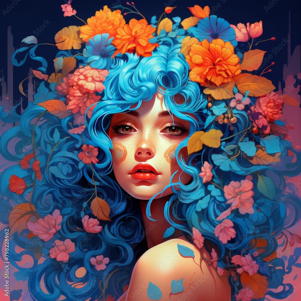 Fairy Woman with Curly Blue Hair and Flowers Portrait. Romantic Elegant Girl cartoon Character. Mystical Serene Mermaid Avatar. Beautiful Young SNature Goddess Female Creature Artwork Illustration.
