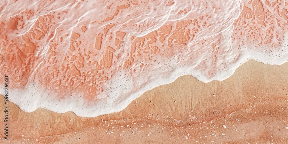 Fototapeta premium Coastal Elegance: Aerial View of Turquoise Waters and Pink Sand Beach with Breaking Wave