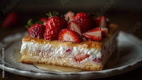  A close-up of a cake with strawberries and whipped cream on top
