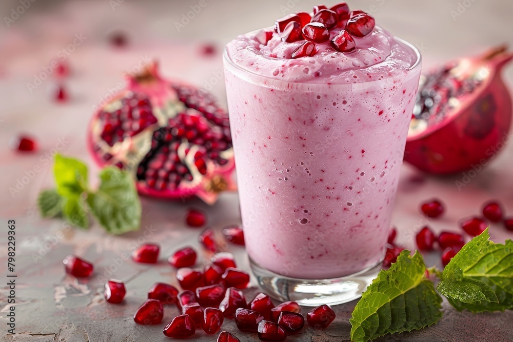 Vibrant pomegranate smoothie with fresh pieces on soft pink background, rich colors and textures Vibrant pomegranate smoothie with fresh pieces on soft pink background, rich colors and textures