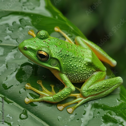 Tree frog Agalychnis Callidryas on a green leaf with water droplets on it