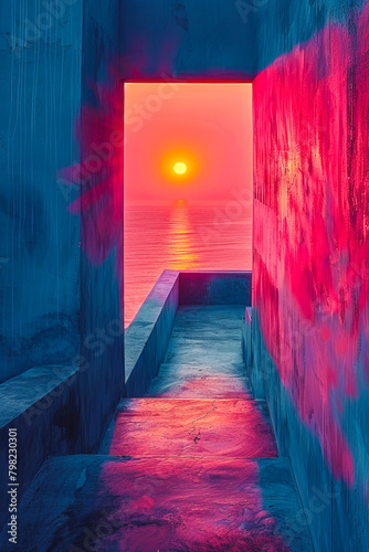 Vibrant abstract art capturing the beauty of a minimalist sunset over the sea, framed by architectural elements