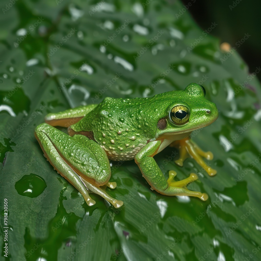 Tree frog Agalychnis Callidryas on a green leaf with water droplets on it Tree frog Agalychnis Callidryas on a green leaf with water droplets on it