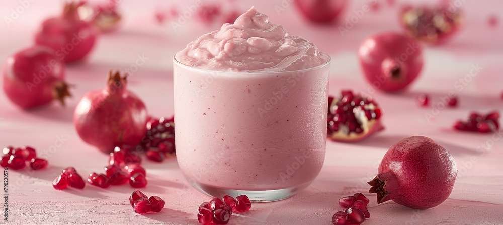Artistic pomegranate smoothie on pink backdrop highlighting vibrant colors and textures Artistic pomegranate smoothie on pink backdrop highlighting vibrant colors and textures