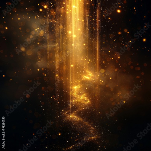 Abstract glowing gold vertical lighting lines on dark background with lighting effect and sparkle with copy space for text. Luxury design style. Vector illustration