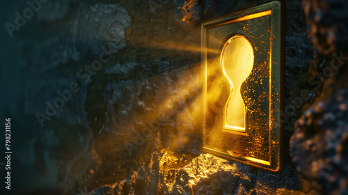 A keyhole glistening in gold, penetrated by a radiant beam of light, symbolizing unlocking opportunities and realizing potential