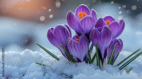 Group of Purple Flowers on Snow Covered Ground