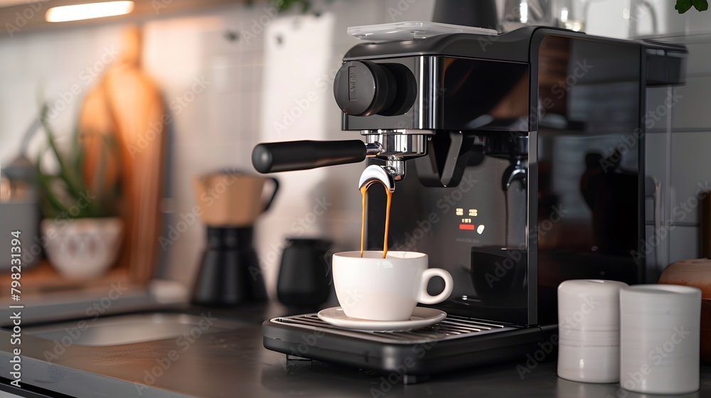 A premium coffee machine in action, with rich espresso pouring into a pristine white cup against a backdrop of industrial chic decor