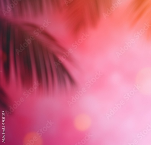 Pink bokeh background, palm leaves, copy space