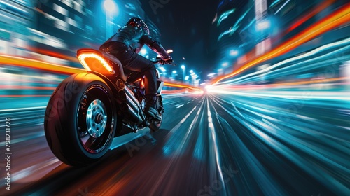 Back view of professional smart motorbike driver wearing helmet while driving in high speed surrounded with neon light at futuristic cityscape and skyscraper at night time. Blurring background. AIG42. photo