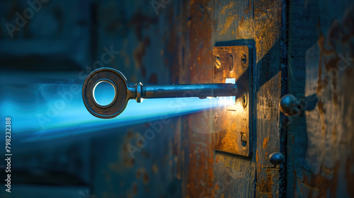 A key unlocking a door with a beam of light streaming through, illustrating the concept of unlocking potential and achieving goals